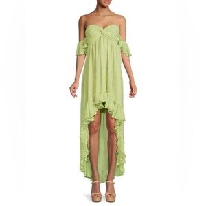 NWT Misa Los Angeles off shoulder honeydew Green Polka Dot High‎ Low Dress XS